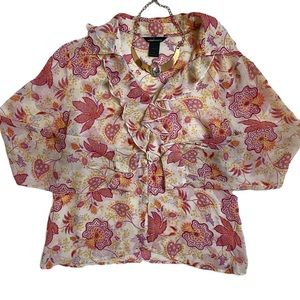 Y2k SILK vintage moda international floral ruffled neckline top